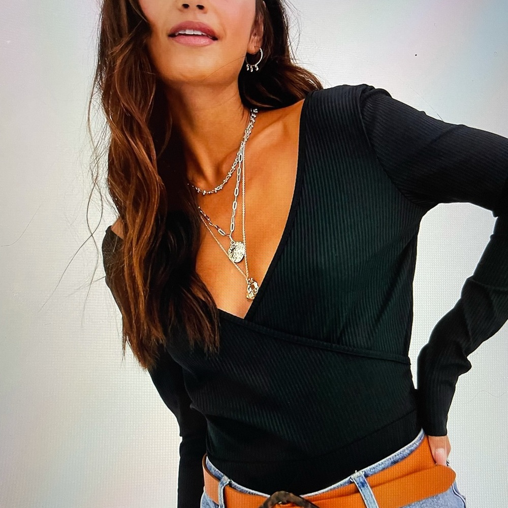 ASOS Design deep wrap front and back bodysuit in sexy rib in black